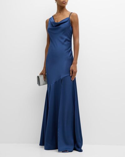 Sachin & Babi Lucy Beaded Cowl-Neck Satin Gown - Blue