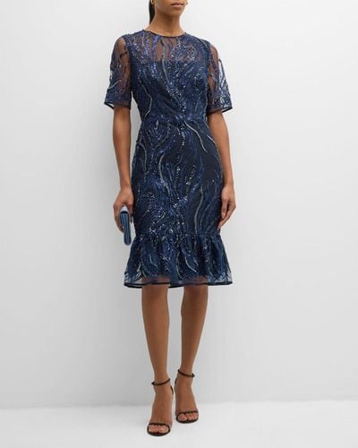 MILLY Flounce Sequin-Embroidered Midi Dress - Blue