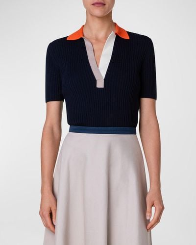 Akris Punto Ribbed Knit Wool Polo Top With Colorblock Collar - Blue