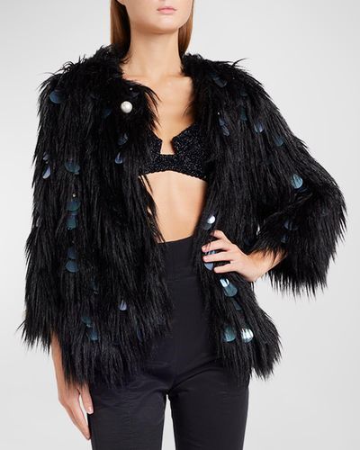 Alabama Muse Ross Embellished Faux Fur Jacket - Black