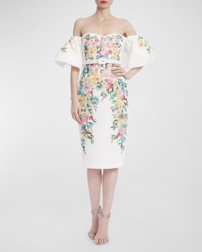 Badgley Mischka Off-Shoulder Floral-Print Midi Dress - White