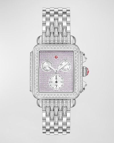 Michele Deco Diamond Dial And Pave Pink Sapphire Watch - White