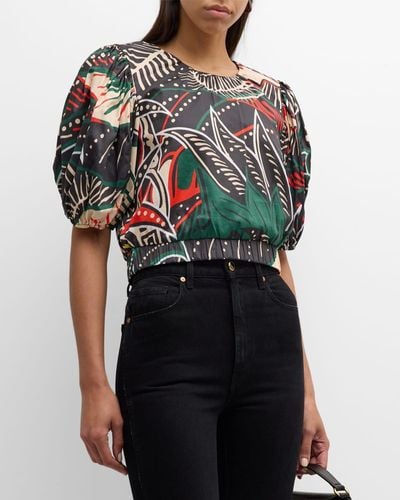 Figue Olive Abstract-print Puff-sleeve Crop Top - Multicolor