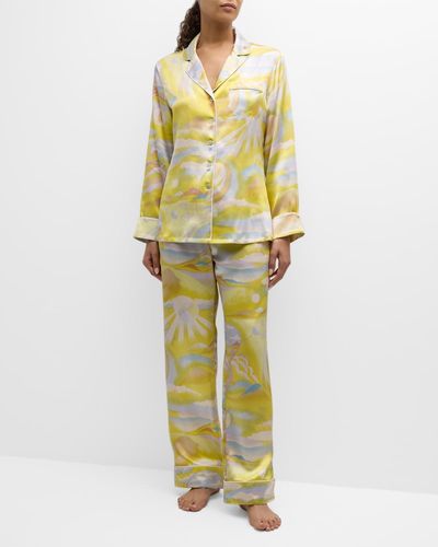 Olivia Von Halle Lila Landscape-Print Silk Satin Pajama Set - Metallic