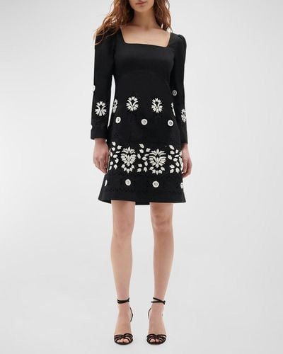Figue Mazie Eyelet Embroidered Square-Neck Long-Sleeve Mini Dress - Black