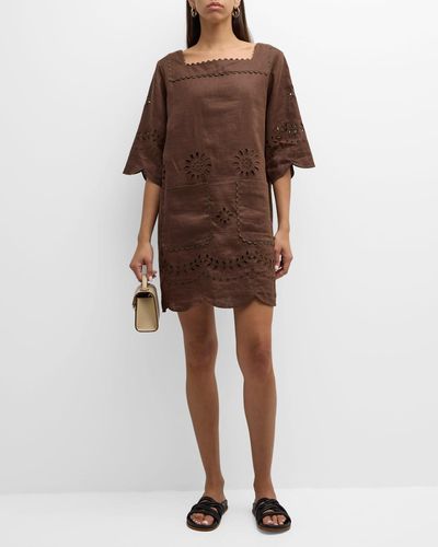 Oroton Scalloped Eyelet-Embroidered Shift Mini Dress - Brown