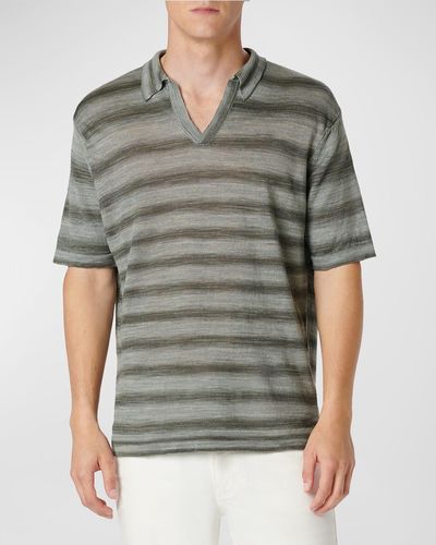 Bugatchi Striped Linen Sweater With Johnny Collar - Gray