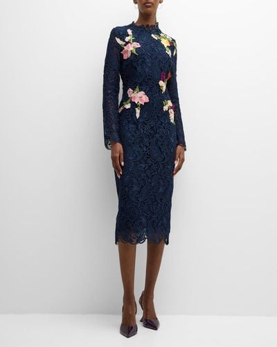 Monique Lhuillier Floral-embroidered Long-sleeve Lace Midi Dress - Blue