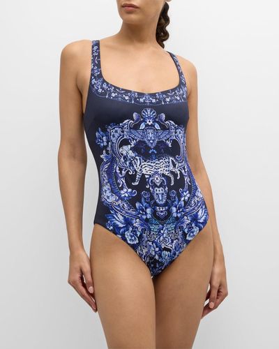 Camilla Crystal Underwire Square-Neck One-Piece Swimsuit - Blue