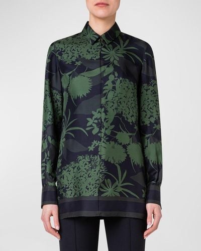 Akris Silk Twill Abraham Flower Print Tunic Blouse - Green