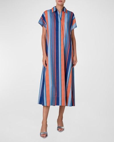 Akris Punto Deck Chair Stripe-Print Short-Sleeve Midi Shirtdress - Blue