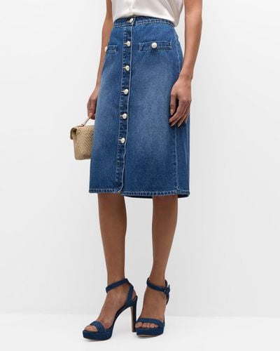 L'Agence Landry Button-Front Denim Midi Skirt - Blue
