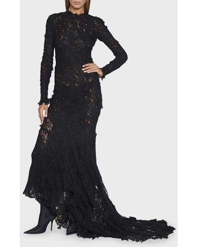 Balenciaga Sheer Lace Train Mermaid Gown - Black