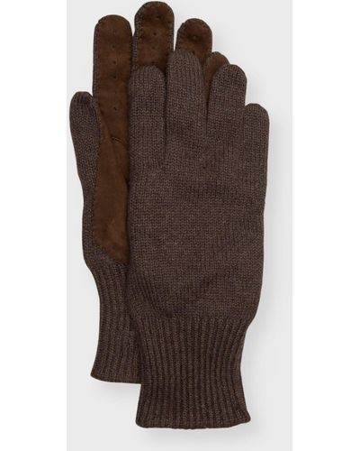Brunello Cucinelli Suede-Palm Cashmere Knit Gloves - Brown