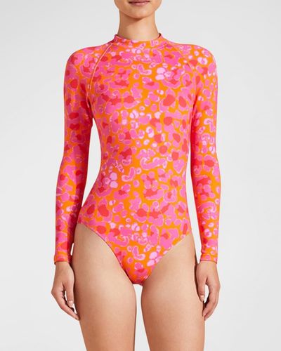 Vilebrequin Abstract Leopard Printed Rashguard One-Piece Swimsuit - Red