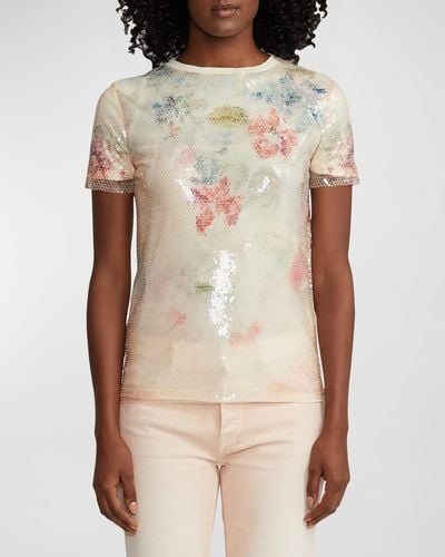 Ralph Lauren Collection Sequin Wildflower-Print Layered Short-Sleeve T-Shirt - Natural