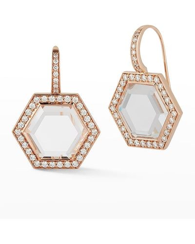 WALTERS FAITH Bell Rose Gold Rock Crystal Hexagonal Wire Earrings With Diamond Border - Metallic