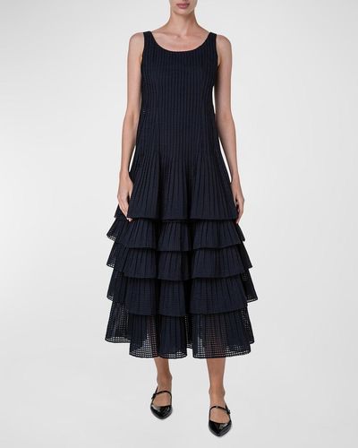 Akris Organza Grid Midi Dress With Plisse Layer Skirt - Blue