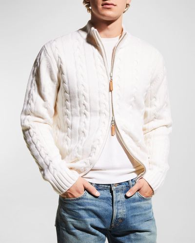 Neiman Marcus Merino Wool-Cashmere Full-Zip Cable Sweater - White