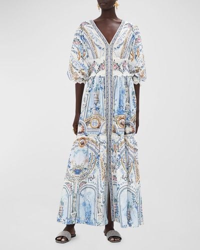 Camilla Shirred Waistband Tiered Printed Linen Dress - Blue