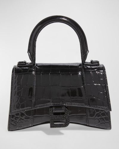 Balenciaga Hourglass Xs Shiny Croc-embossed Top-handle Bag - Black