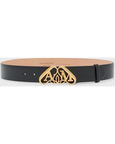 Alexander McQueen Leather Belt With Gold Logo Detail - Natural