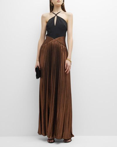 Dress the Population Tuuli Pleated Cutout Halter Gown - Brown