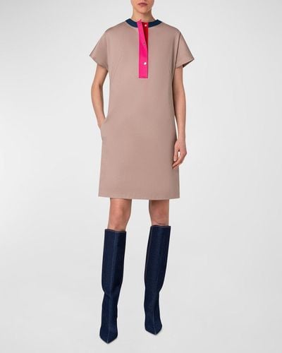 Akris Punto Colorblock Cotton Gabardine Stretch Short-Sleeve Shift Dress - Pink