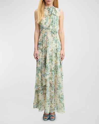 LK Bennett Robyn Metallic Floral-Print Tie-Neck Maxi Dress - Green
