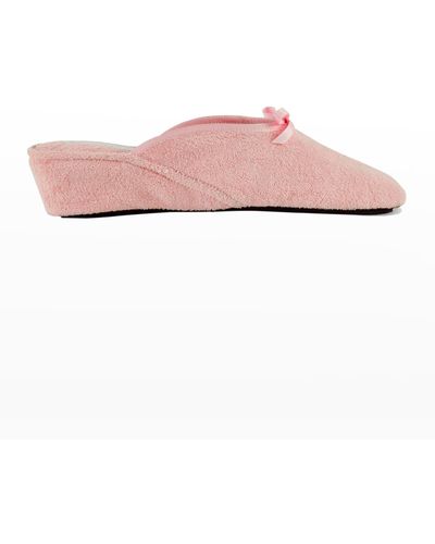 Jacques Levine Terrycloth Wedge Slippers W/ Bow - Pink