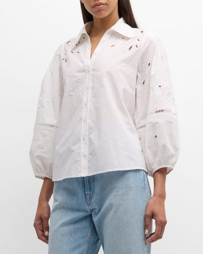 Figue Sharon Broderie Anglaise Blouson-Sleeve Collared Top - White