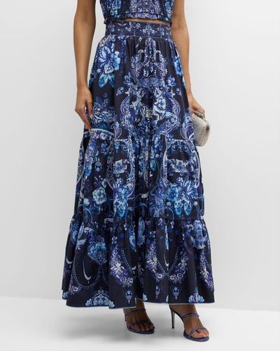 Camilla High-Waist Tiered Organic Cotton Poplin Skirt - Blue