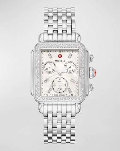 Michele Deco 18mm Stainless Steel Diamond Bracelet Watch - White