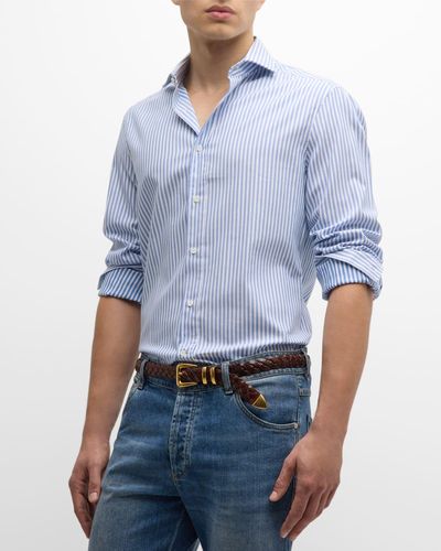 Brunello Cucinelli Oxford Stick Stripe Button-Down Shirt - Blue