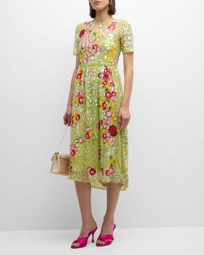 Frances Valentine Faith Floral-Embroidered Sequin Midi Dress - Green