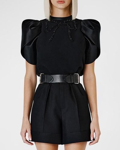 Dice Kayek Crystal Bow Satin Puff-Sleeve Shirt - Black