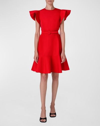Akris Punto Short Wing-Sleeve Belted Taffeta Ruffle-Hem Dress - Red