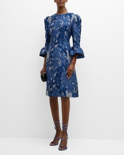Teri Jon Bell-Sleeve Floral Jacquard Midi Dress - Blue