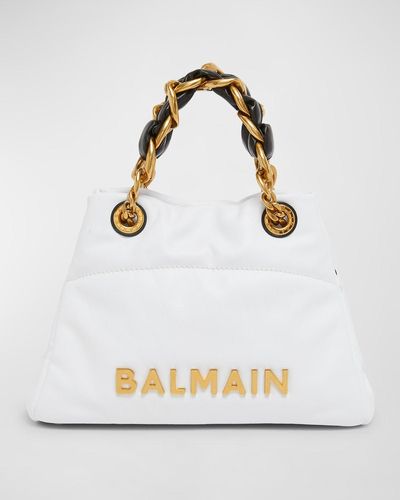 Balmain 1945 Soft Small Cabas Tote Bag In Embossed Leather - White