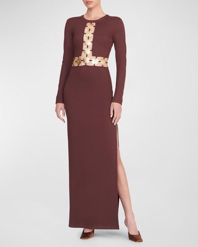 STAUD Delphine Long-Sleeve Golden Hardware Cutout Dress - Purple