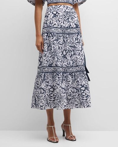 Misook Tiered Eyelet Floral-Embroidered Midi Skirt - Blue