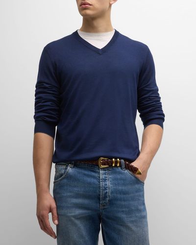 Brunello Cucinelli Wool-Cashmere V-Neck Sweater - Blue