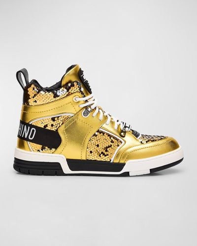 Moschino Metallic Leather And Sequin High-Top Sneakers