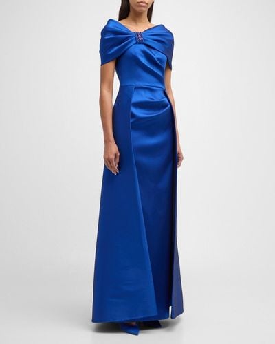 Teri Jon Pleated Off-Shoulder Jewel-Embellished Gown - Blue