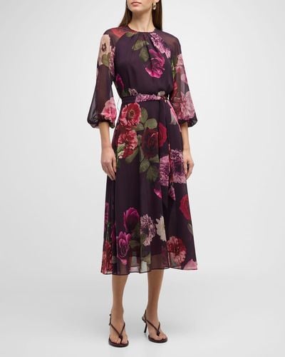 Teri Jon Belted Floral-Print Blouson-Sleeve Midi Dress - Red
