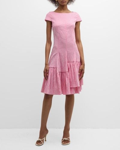 Talbot Runhof Seersucker Short-Sleeve Drop-Waist Ruffle Dress - Pink