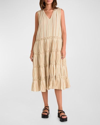 Merlette Wallis Sleeveless Smocked Striped Midi Dress - Natural