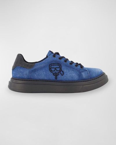 Karl Lagerfeld Karl Head Denim And Leather Low-Top Sneakers - Blue