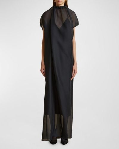 Khaite Essie Gathered Neck-Tie Cap-Sleeve Silk Chiffon Gown - Black