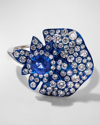 Graziela Gems Rhodium, Sapphire And Diamond Folha Ring, Size 7 - Blue